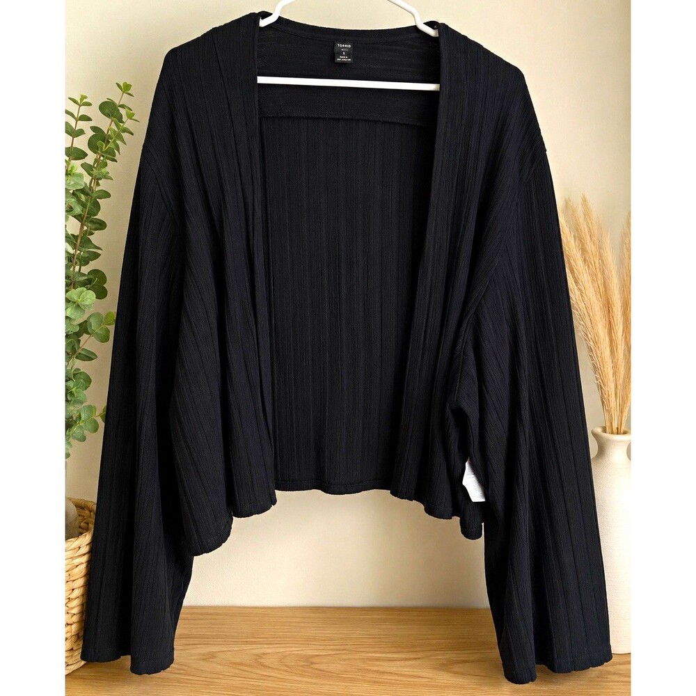 SHEIN CURVE 3pc Ribbed Polyester Set Cardigan Top Pants Black 4XL